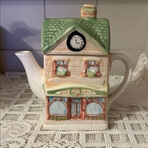 Vintage Ceramic Teapot Shaped as a Storefront w/ Clock